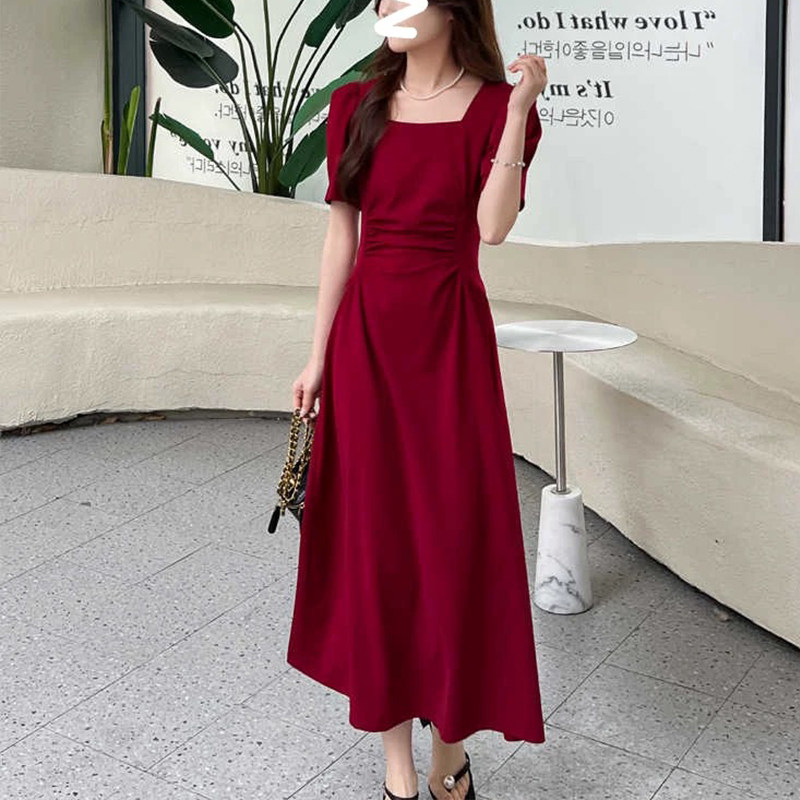 法式红色短袖连衣裙订婚礼服敬酒服日常可穿女方领收腰气质女长裙