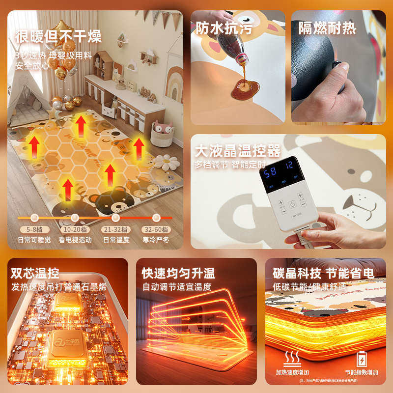 七朵云石墨烯碳晶地暖垫电热地毯客厅儿童卡通发热加热地垫地热垫