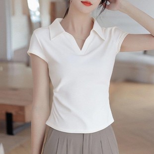 t恤女2025年夏季 纯棉修身 潮牌CVY短袖 新款 上衣 翻领polo衫 收腰短款