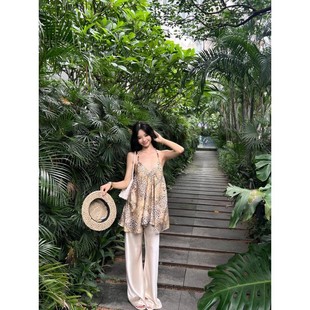 宽松无袖 设计感豹纹串珠露背挂颈吊带背心女夏季 外穿辣妹小众上衣