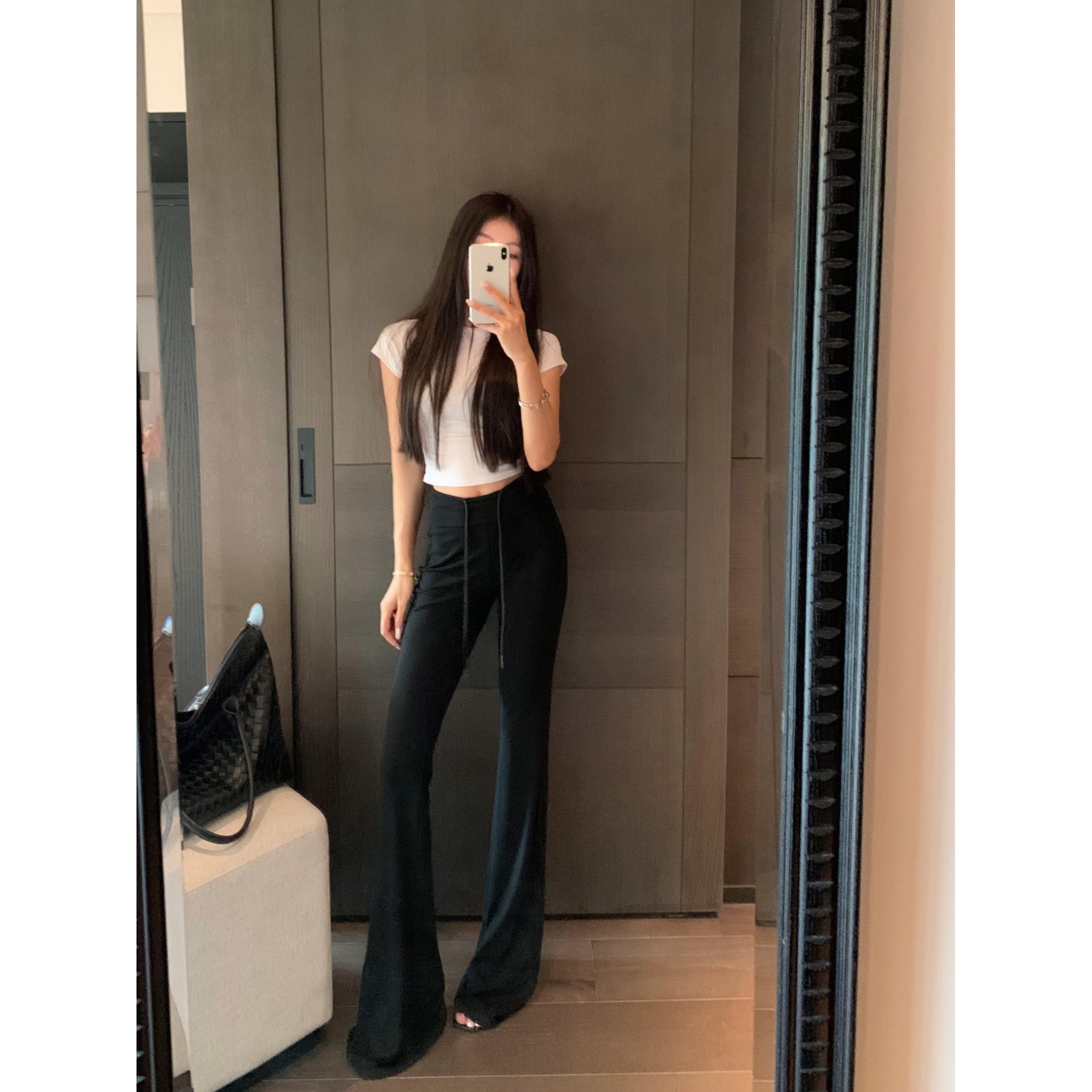 黑色休闲裤女夏季弹力修身微喇叭裤高腰马蹄裤子垂感显瘦拖地长裤