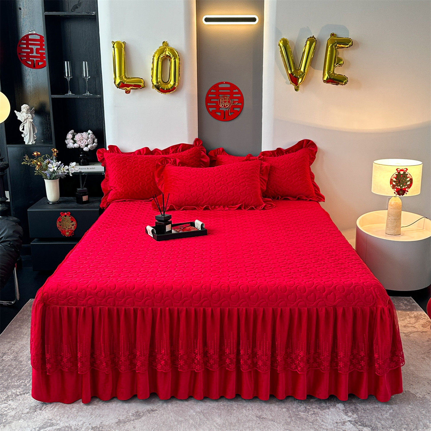 高档大红色宝宝绒夹棉床裙三件套保暖绒结婚庆加厚防滑床单件床罩,床上用品,床裙,淘宝优惠券,粉丝福利购,淘宝优惠卷