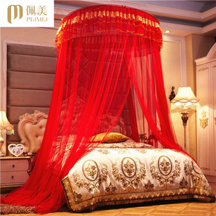 新款吊顶落地双层蚊帐床幔结婚喜庆大红色防尘遮光防蚊加高纱帐子