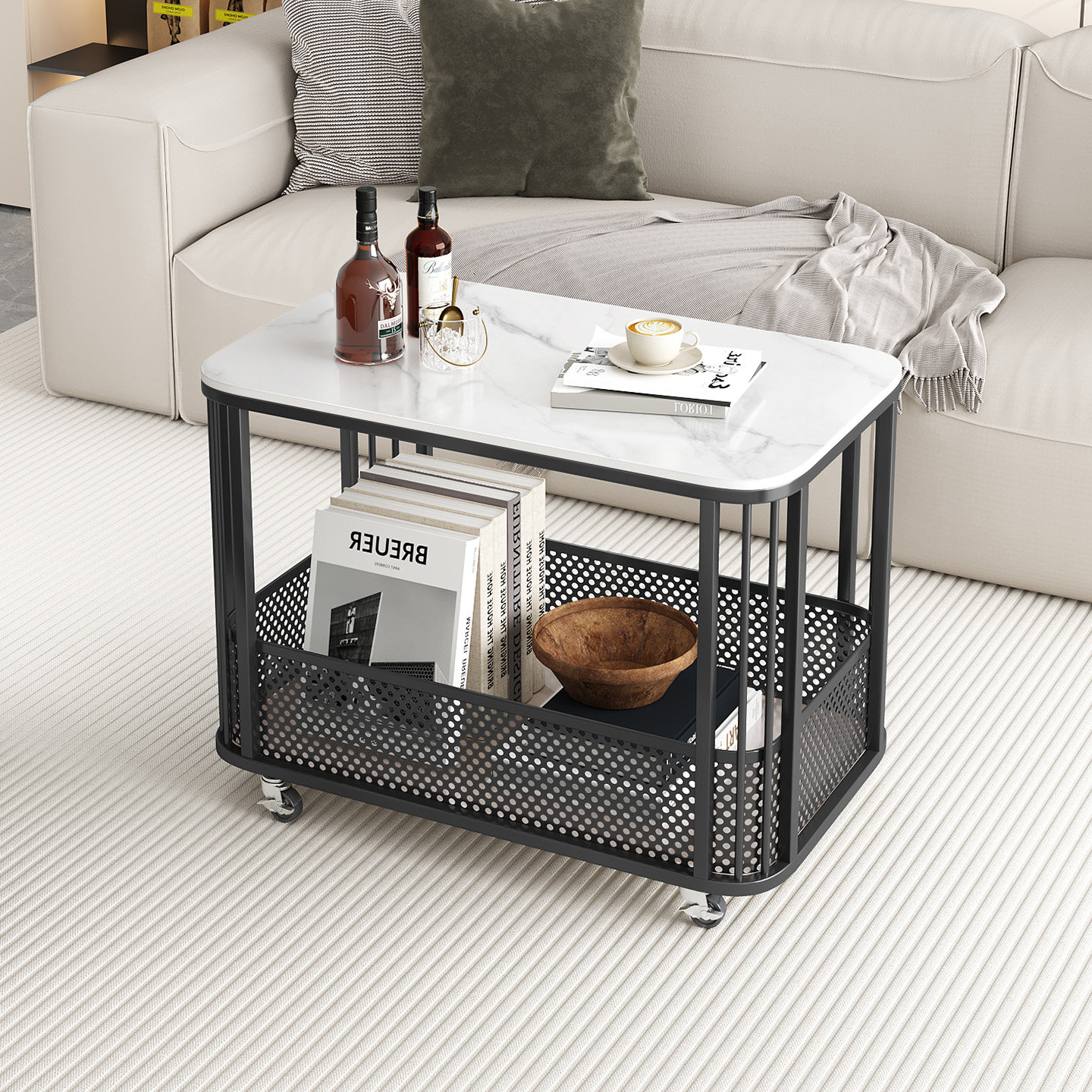 奶油风可移动边几客厅小户型沙发边柜小推车简约创意小茶几桌带轮