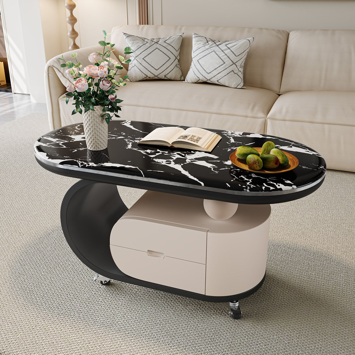 现代轻奢可移动微晶石椭圆形茶几