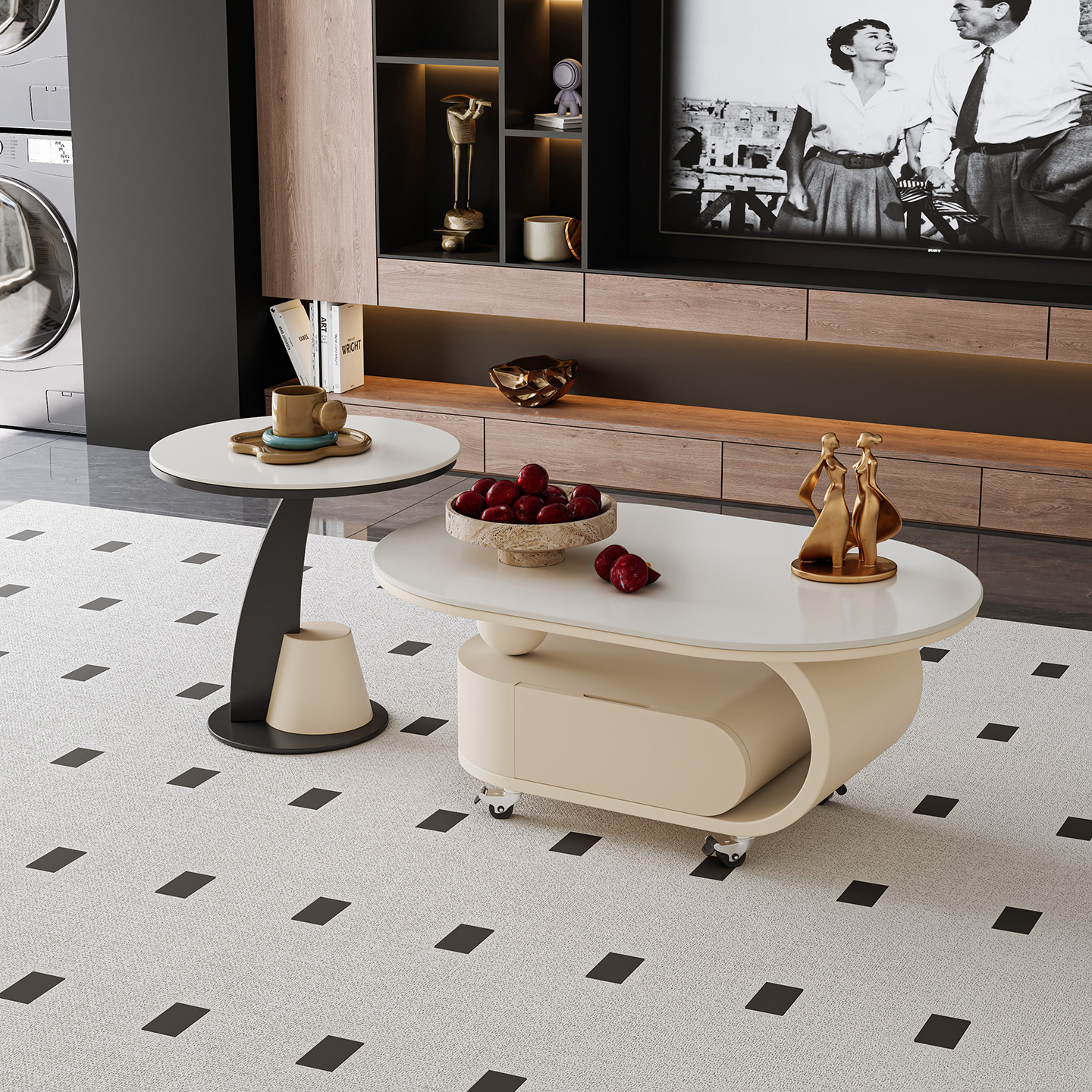 可移动岩板茶几小户型客厅家用2025新款轻奢高级感椭圆形茶几边几