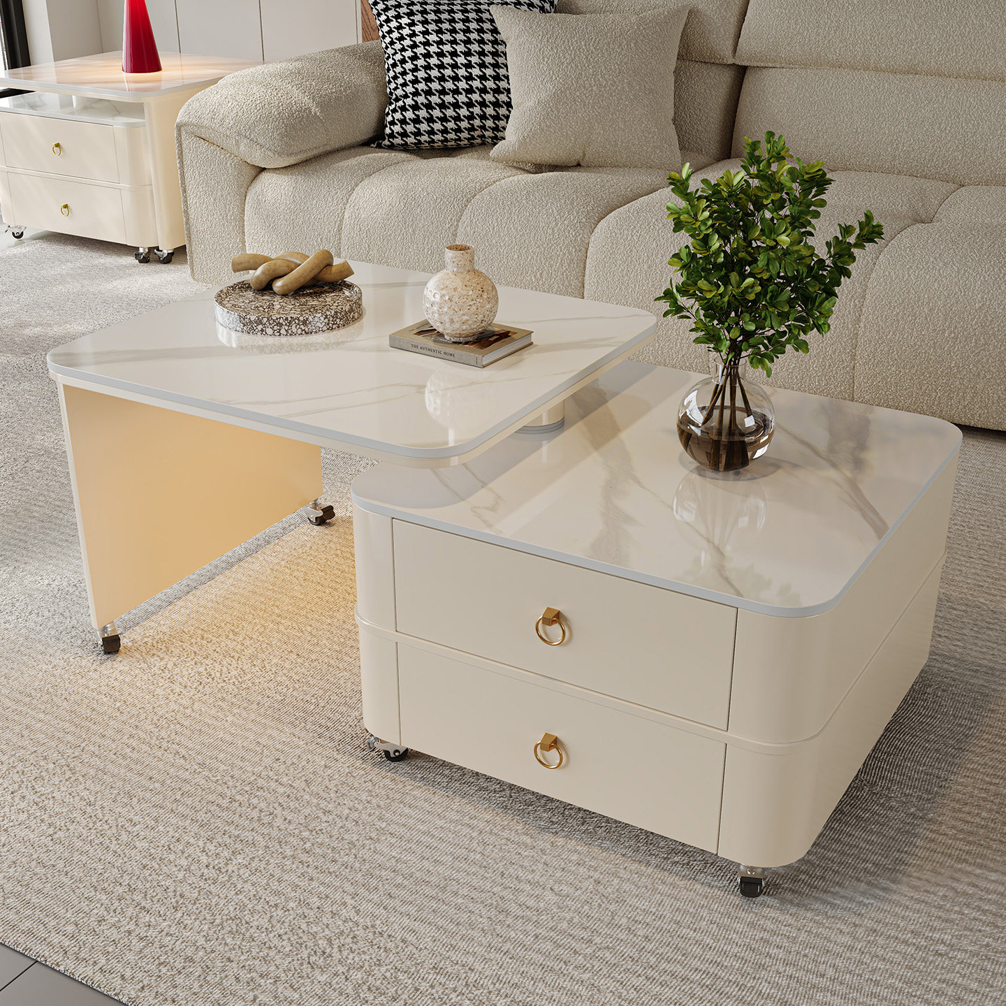 简约客厅可移动带轮旋转岩板茶几新款轻奢小户型家用折叠方形茶几