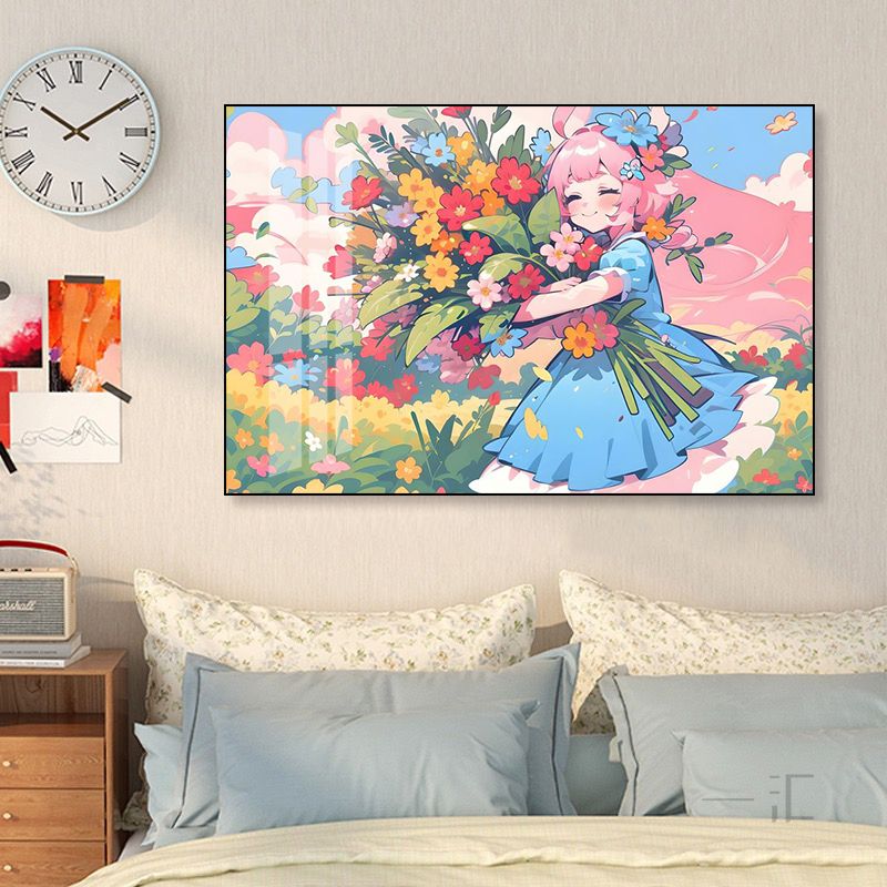 多巴胺人物客厅装饰画治愈系花卉餐厅壁画卡通女孩卧室儿童房挂画图片