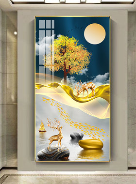 进门麋鹿玄关装饰画客厅走廊过道挂画石来运转发财树招财风水壁画