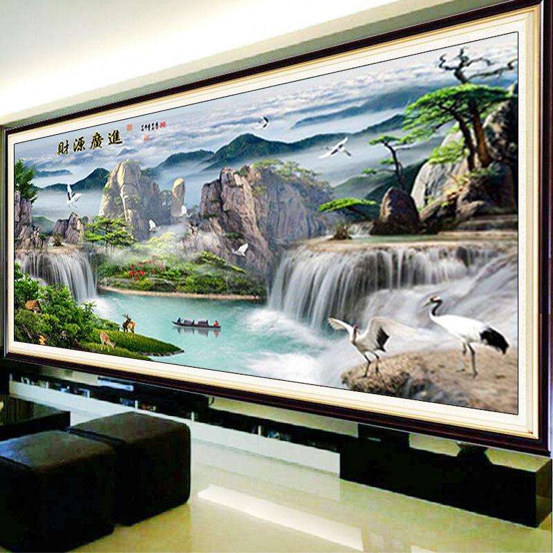 钻石画流水生财客厅大幅新款中国风山水风景财源广进贴钻5d十字绣
