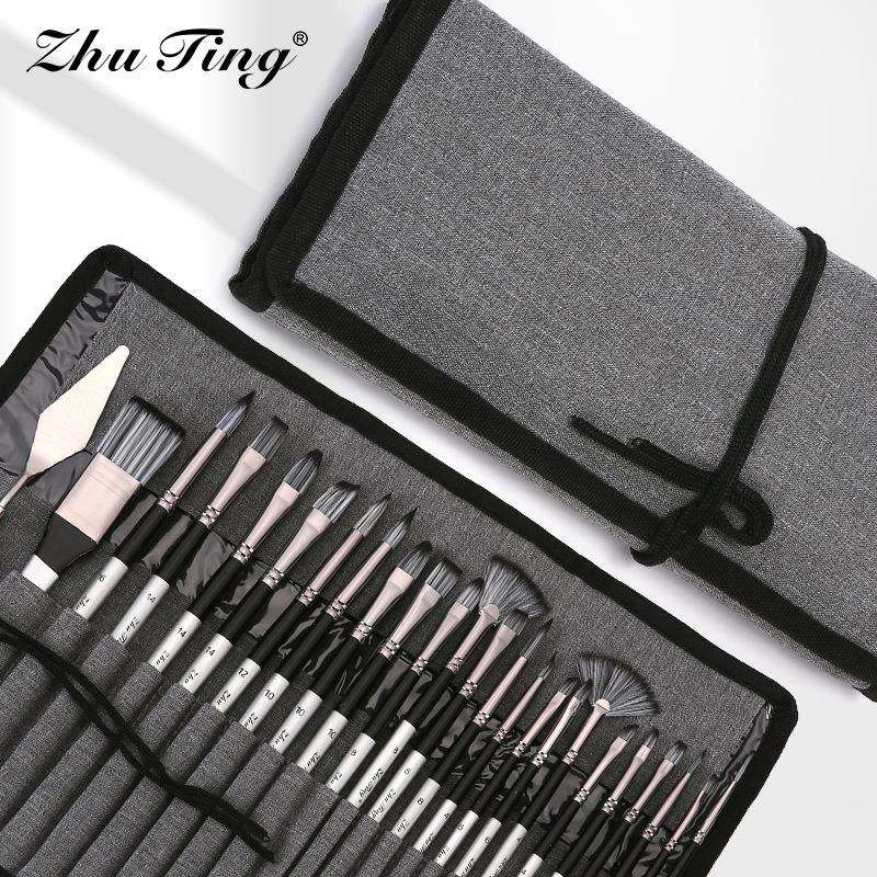 亚马逊热卖24支尼龙毛画笔套装银灰杆笔帘油画笔水粉水彩画笔刷