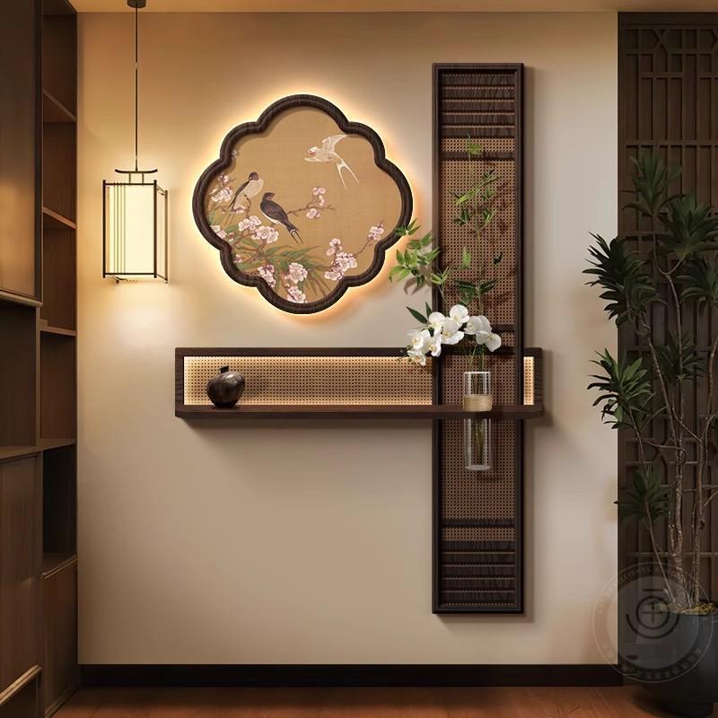 中古风水培绿植玄关装饰画中式花鸟宋代美学走廊过道挂画入户壁灯