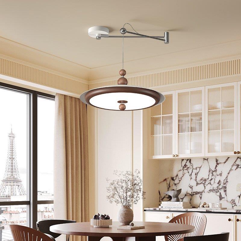 摇臂飞碟餐厅吊灯中古风复古胡桃木色简约可移位卧室书房中山灯具