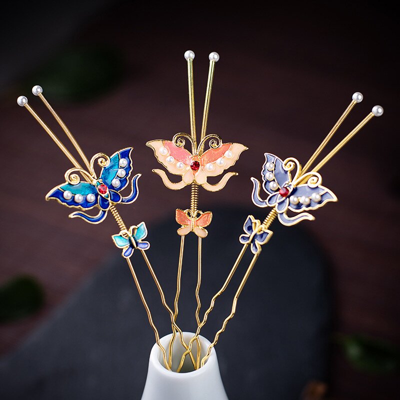 复古明制造型蝴蝶u钗发梳宫廷景泰蓝发钗百搭民族风头饰汉服配新