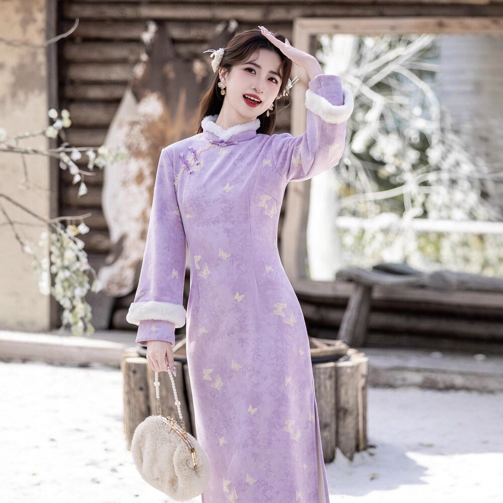 贝之韵复古民国风皮绒倒大袖旗袍2025冬季新款毛绒领保暖舒适