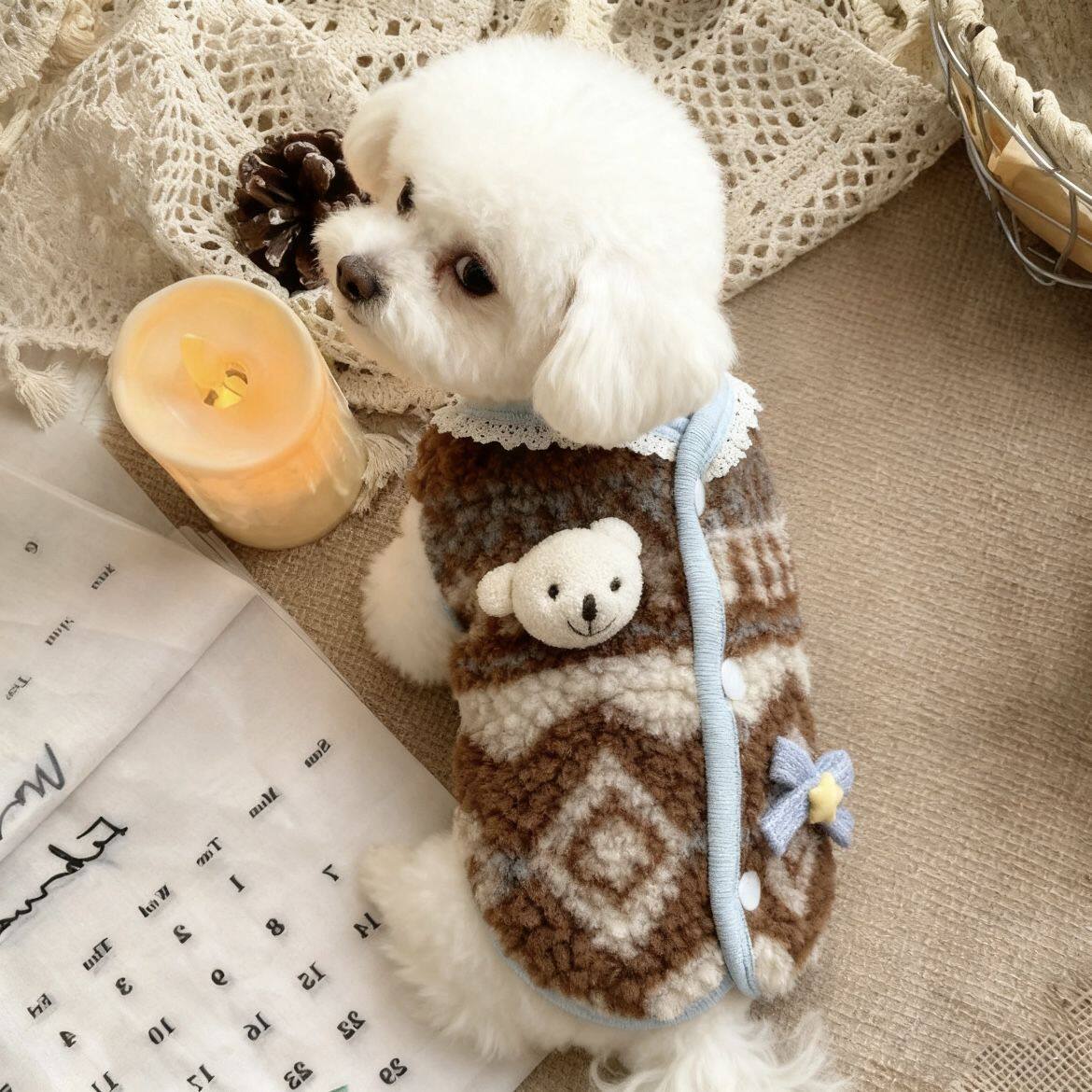 宠物秋冬季马甲绒衣保暖可爱小狗公仔蝴蝶结背心小型幼犬狗狗棉衣