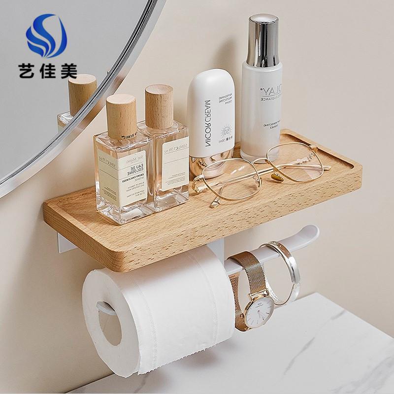 免打孔浴室纸巾盒置物架厕所创意日式卫生间白色实木卷纸架壁挂式