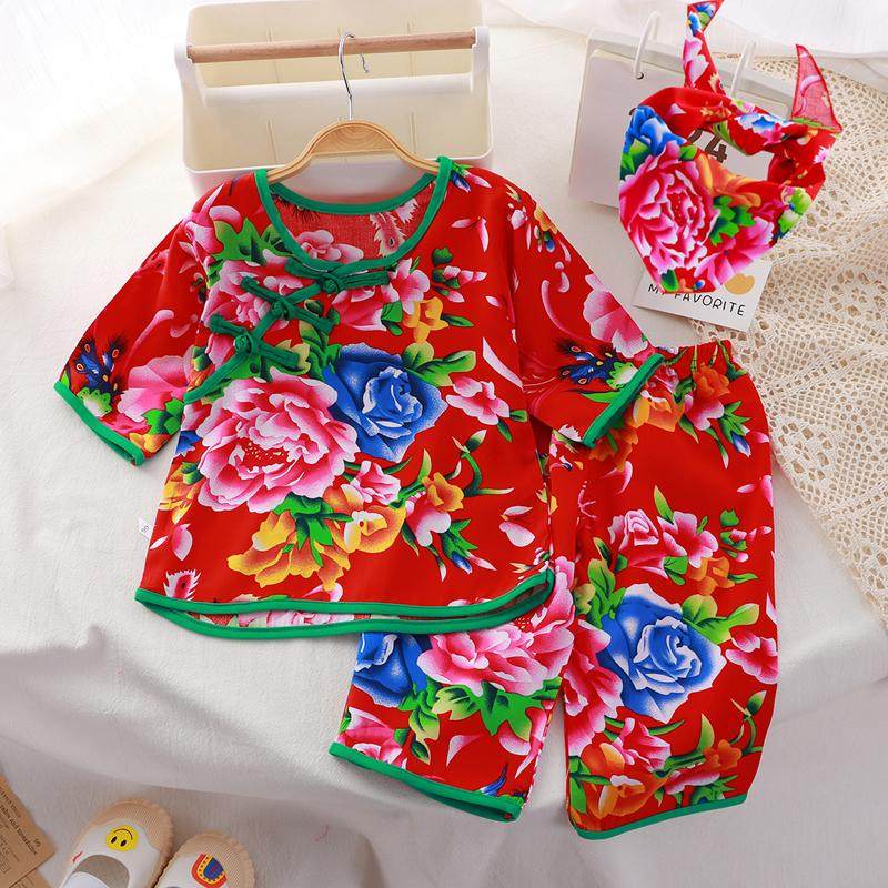 东北大花夏季儿童套装绵绸女童汉风薄款家居服棉绸宝宝婴儿七分袖,童装/婴儿装/亲子装,家居服套装,淘宝优惠券,粉丝福利购,淘宝优惠卷