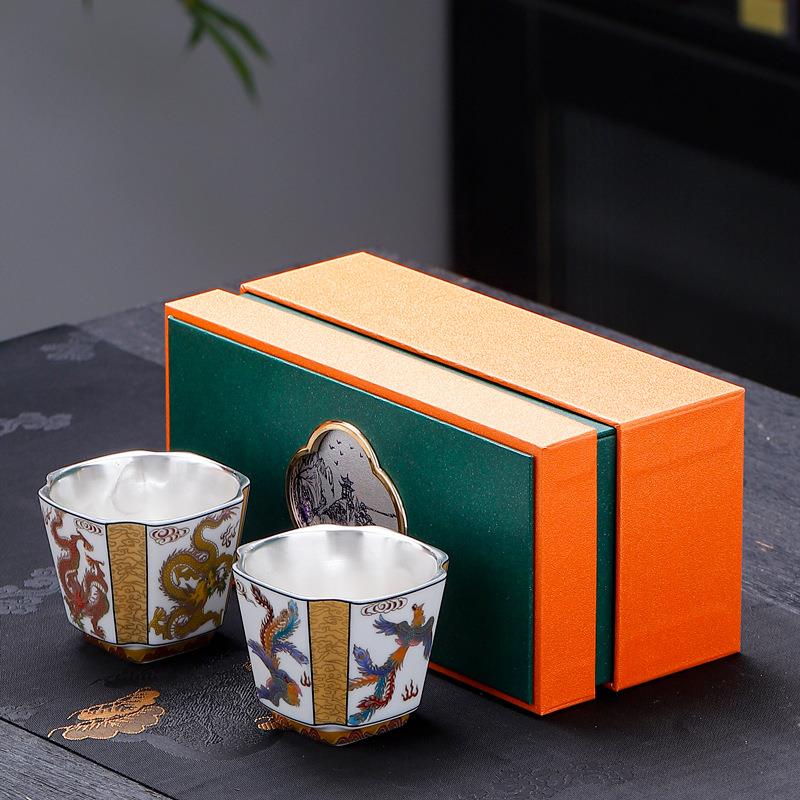 珐琅彩鎏银龙凤茶杯银茶器银碗中号主人杯单杯品茗杯陶瓷礼品套装