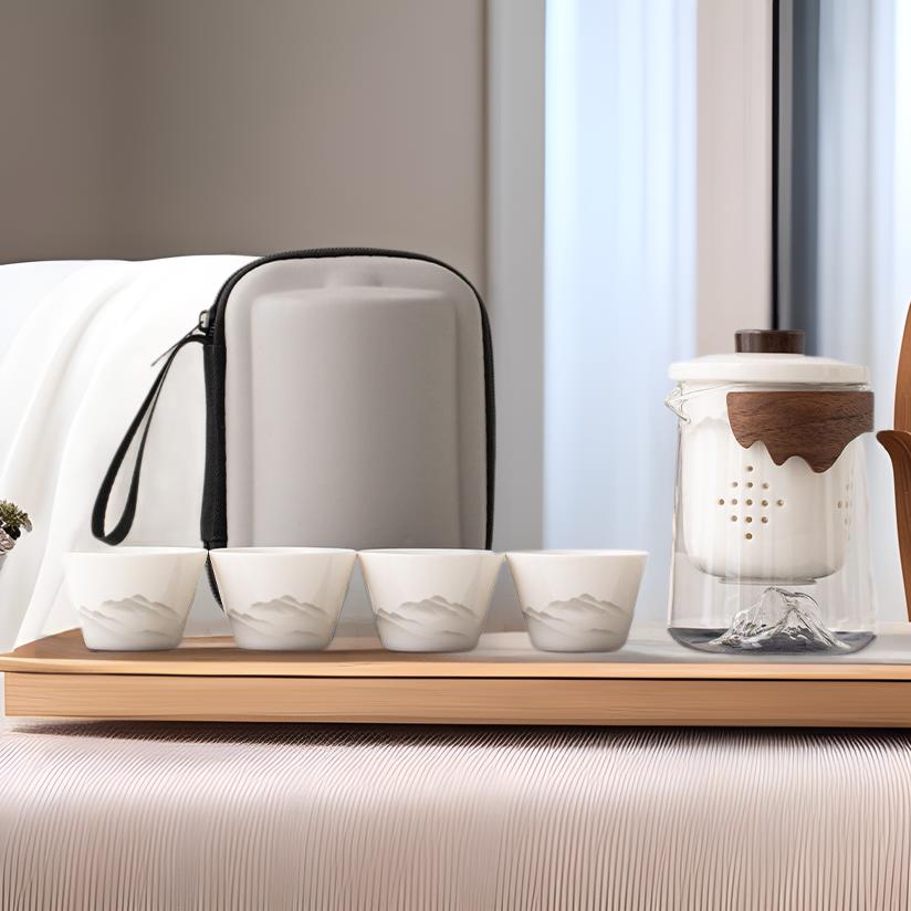 玻璃旅行茶具套装便携式收纳包户外露营泡茶壶快客杯一壶四杯礼品