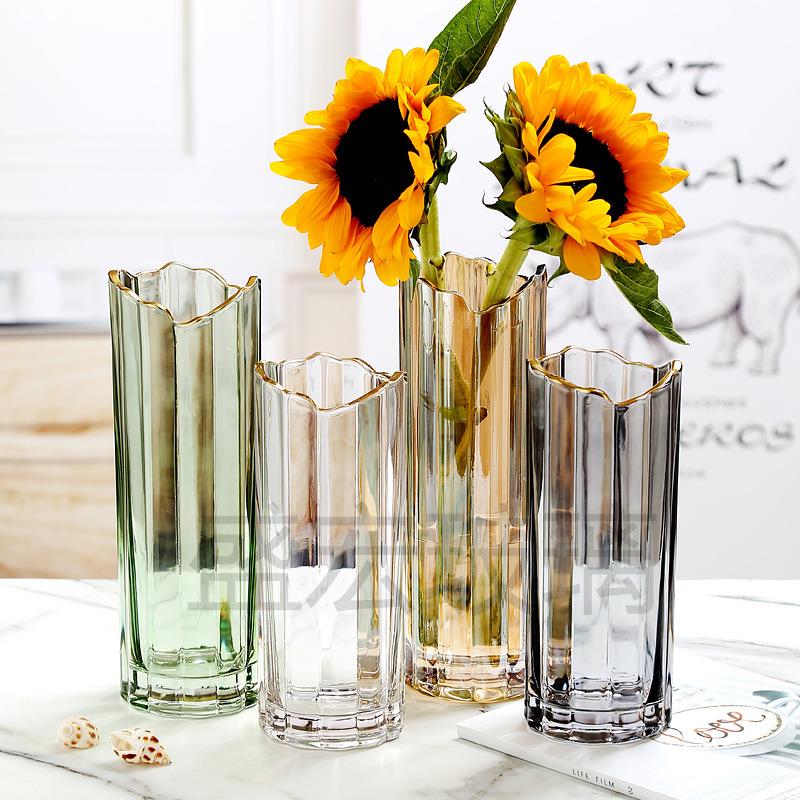 现代简约波浪口花瓶 描金直筒玻璃花瓶插花水养绿植家具装饰摆件