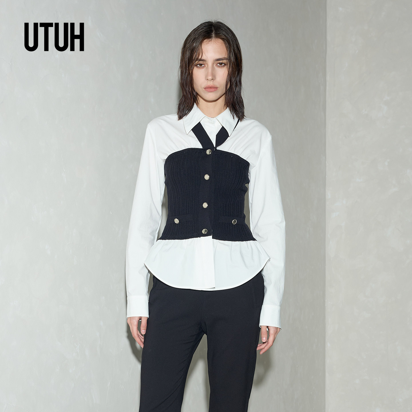 UTUH26春黑白撞色假两件衬衫高智职场精英风女款新款TDWLS1N522