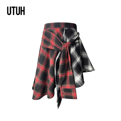 UTUH红黑白格撞色时尚半裙