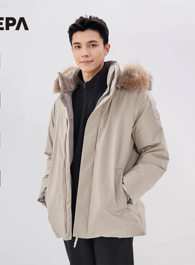 NEPA耐葩户外秋冬男士中长款大衣可拆卸貉子毛领羽绒服7I72057