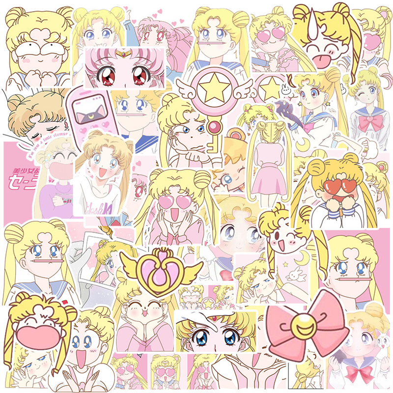 50张动漫美少女战士卡通高颜值个性贴纸装饰笔记本头盔桌面手账保温杯吉他衣柜收纳箱拉杆箱文具贴纸防水pvc