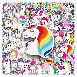 101张可爱彩虹马独角兽卡通动物儿童水杯咕卡手账装 饰笔记本头盔相框画手账保温杯吉他冰箱拉杆箱防水贴纸