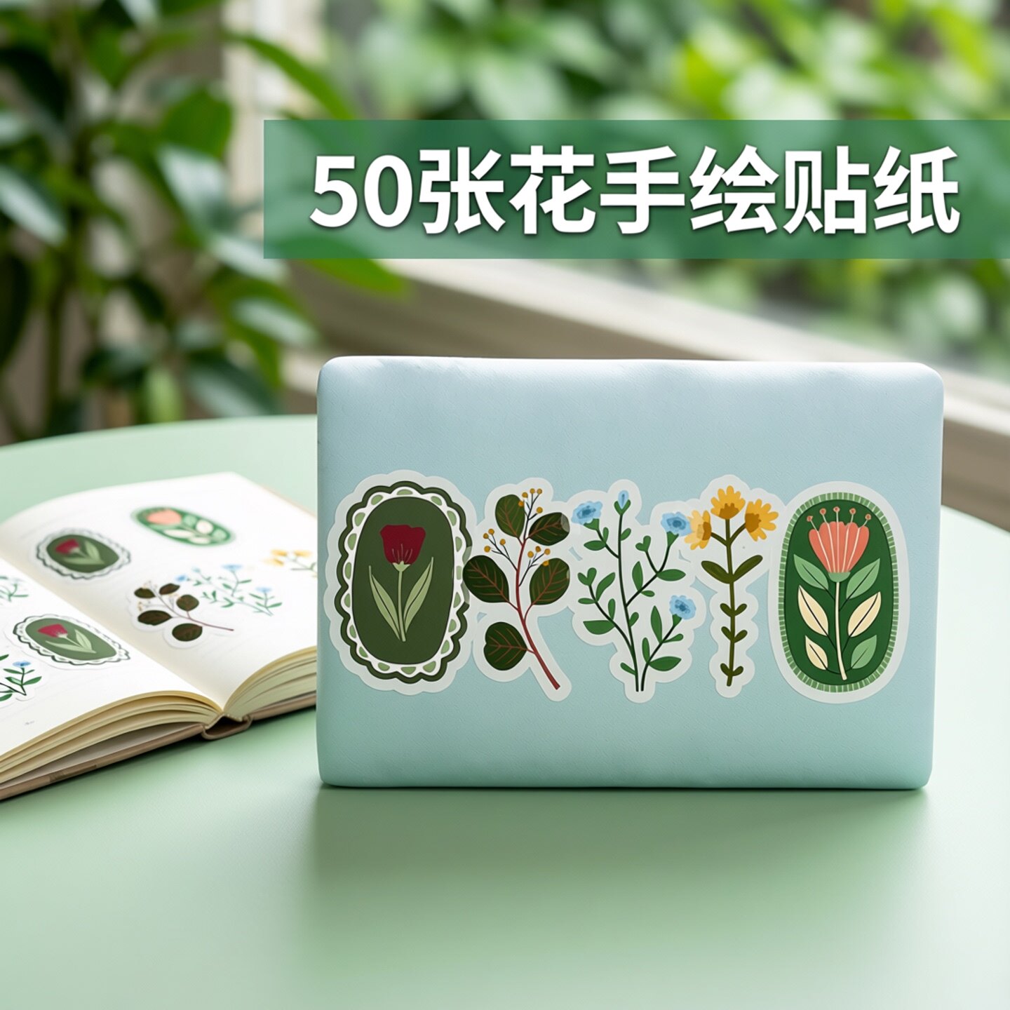 50张手账绿花蝴蝶装饰贴纸防水图片