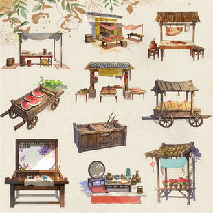 古代市井摊子贴纸马车小摊位透明贴纸3D景观国风咕卡手账拼贴手机电脑笔记本装饰贴画