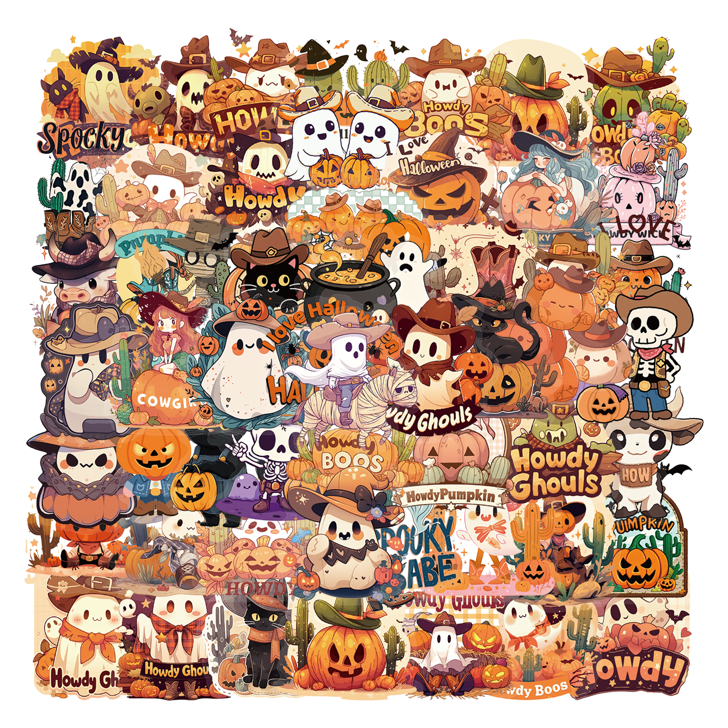 50张万圣节卡通贴纸合集可爱南瓜幽灵装饰贴DIY趣味笔记本手机壳手账本头盔汽车电动车吉他滑板高颜值贴纸画