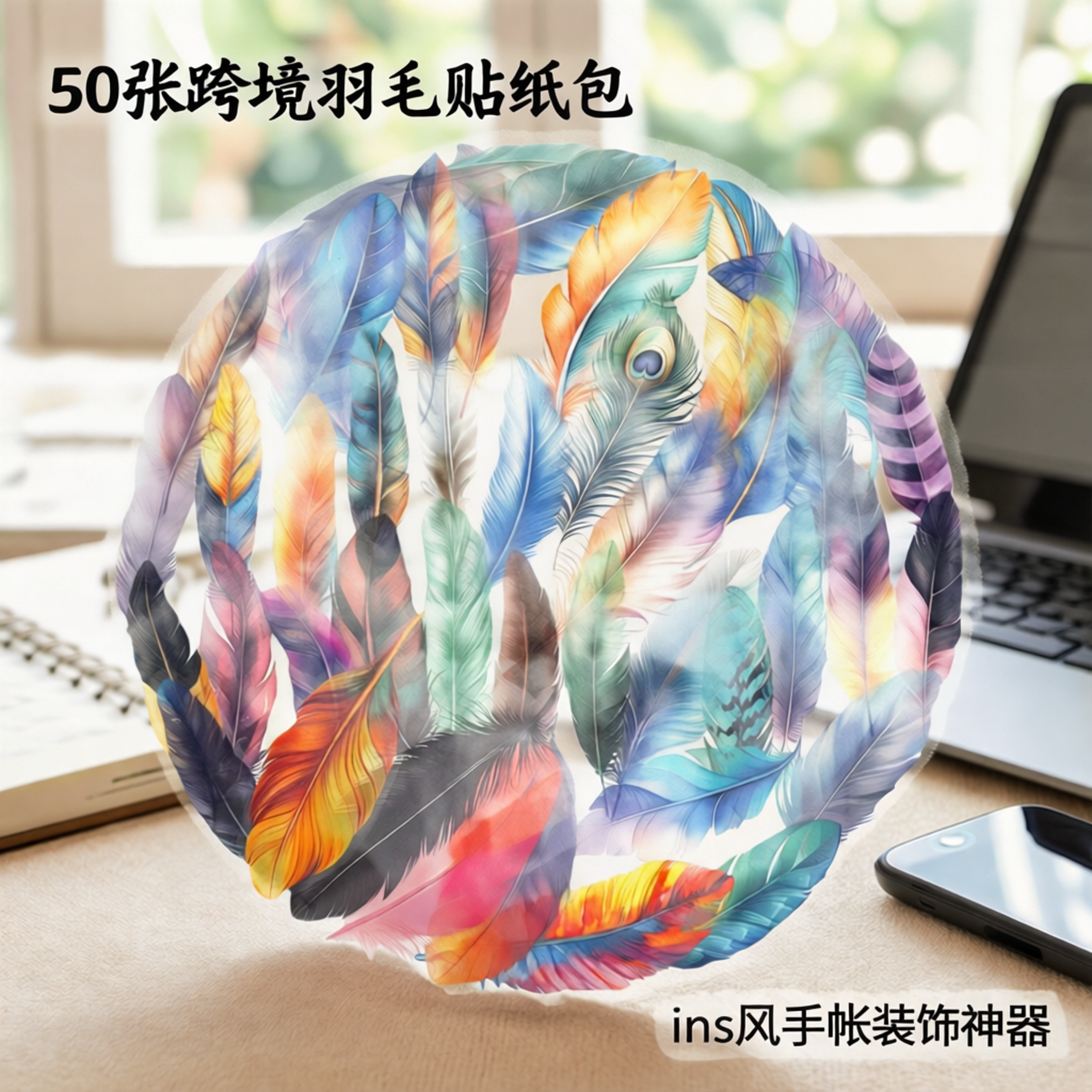 50张跨境柔软的羽毛PET贴纸包艺术感手帐素材装饰手机壳行李箱手帐素材贴纸笔记本电脑iPad简约ins风卡通动物