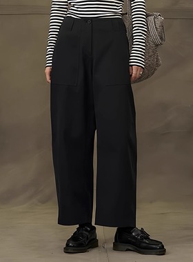 日系萝卜裤磨毛贴袋黑色休闲裤春夏女0905