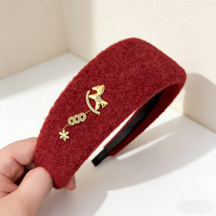 新年红色小马毛呢宽边发箍女高级感气质头饰高颅顶洗脸压发头箍