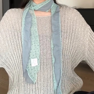 抹茶之森薄荷绿色丝巾春夏薄款氛围感高级韩系围巾细长条脖子配饰