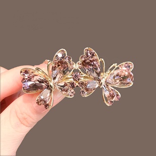 奢华水晶蝴蝶发夹女2023年新款气质顶夹发卡后脑勺横夹高档弹簧夹