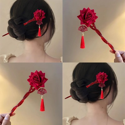 红玫瑰发簪新年红色花朵流苏簪子高级盘发发饰新娘头饰敬酒服发饰