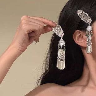 全新一步一响~复古仿苗银小众民族风女银色流苏发夹新中式设计感