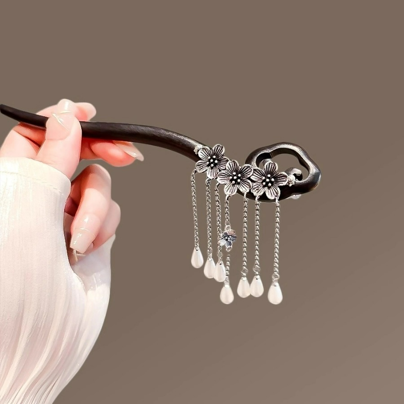 古风黑檀木发簪女祥云古银花朵流苏步摇气质盘发簪子高级感发钗