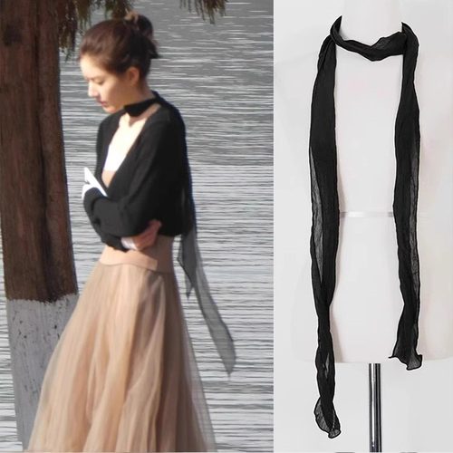 赵露思同款黑色丝巾窄版围巾韩国ins百搭高级感配饰气质冬季新款
