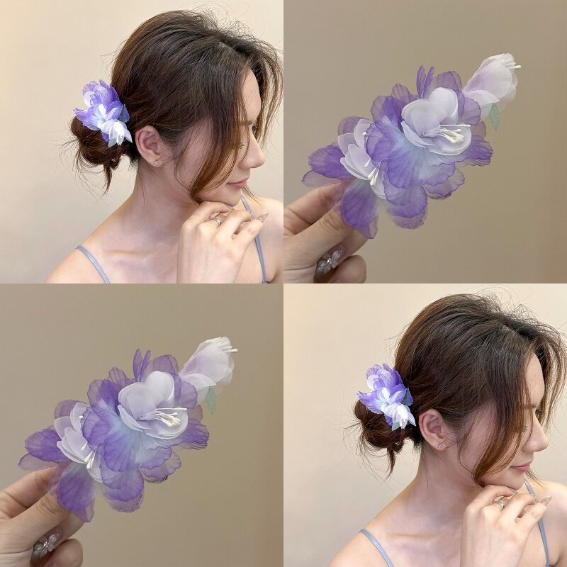 繁花似锦~春夏超仙紫色花朵发夹女鸭嘴夹氛围感拍照新中式发饰
