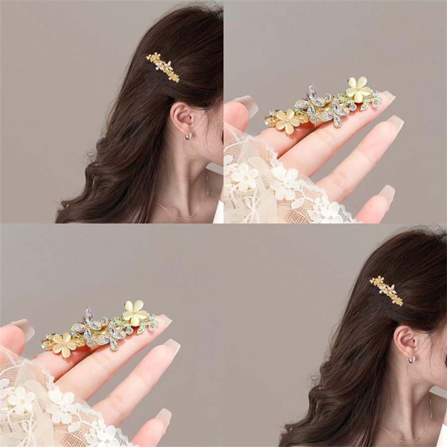 韩国高档猫眼石花朵弹簧夹女精致侧边夹顶夹后脑勺半扎发一字横夹