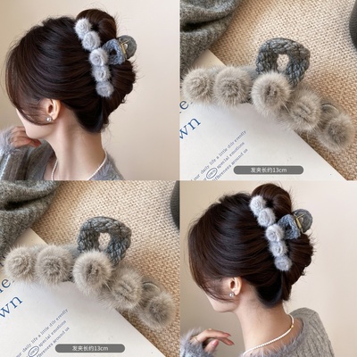 秋冬气质毛绒球球大号发夹女轻奢高级感后脑勺鲨鱼夹时尚盘发抓夹