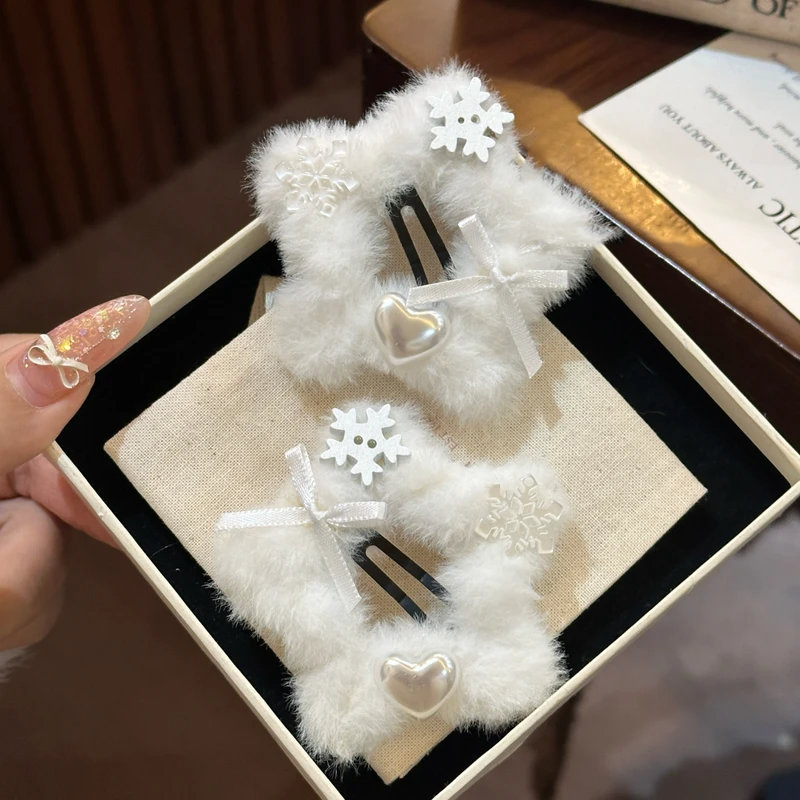 冬日氛围感纯白雪花五角星星毛绒绒BB夹可爱甜美侧边边夹刘海夹女