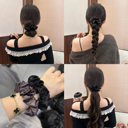 韩系高级感缎面木耳边小肠发圈法式简约黑色低丸子头发绳发饰头饰