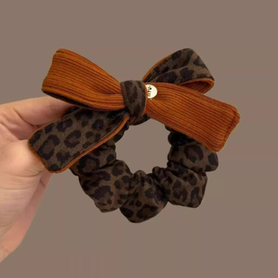 韩系ins东大门高端橘色豹纹拼色蝴蝶结发绳 丸子头发绳扎马尾皮筋