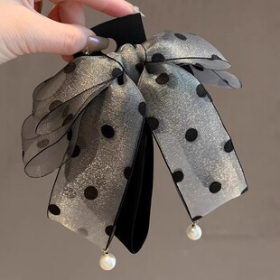 韩版缎面雪纱波点蝴蝶结抓夹复古珍珠吊坠气质后脑勺鲨鱼夹发夹女