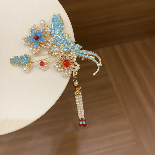 汉服头饰步摇流苏古典烧蓝新中式马面裙结婚发饰侧边夹旗袍发饰女